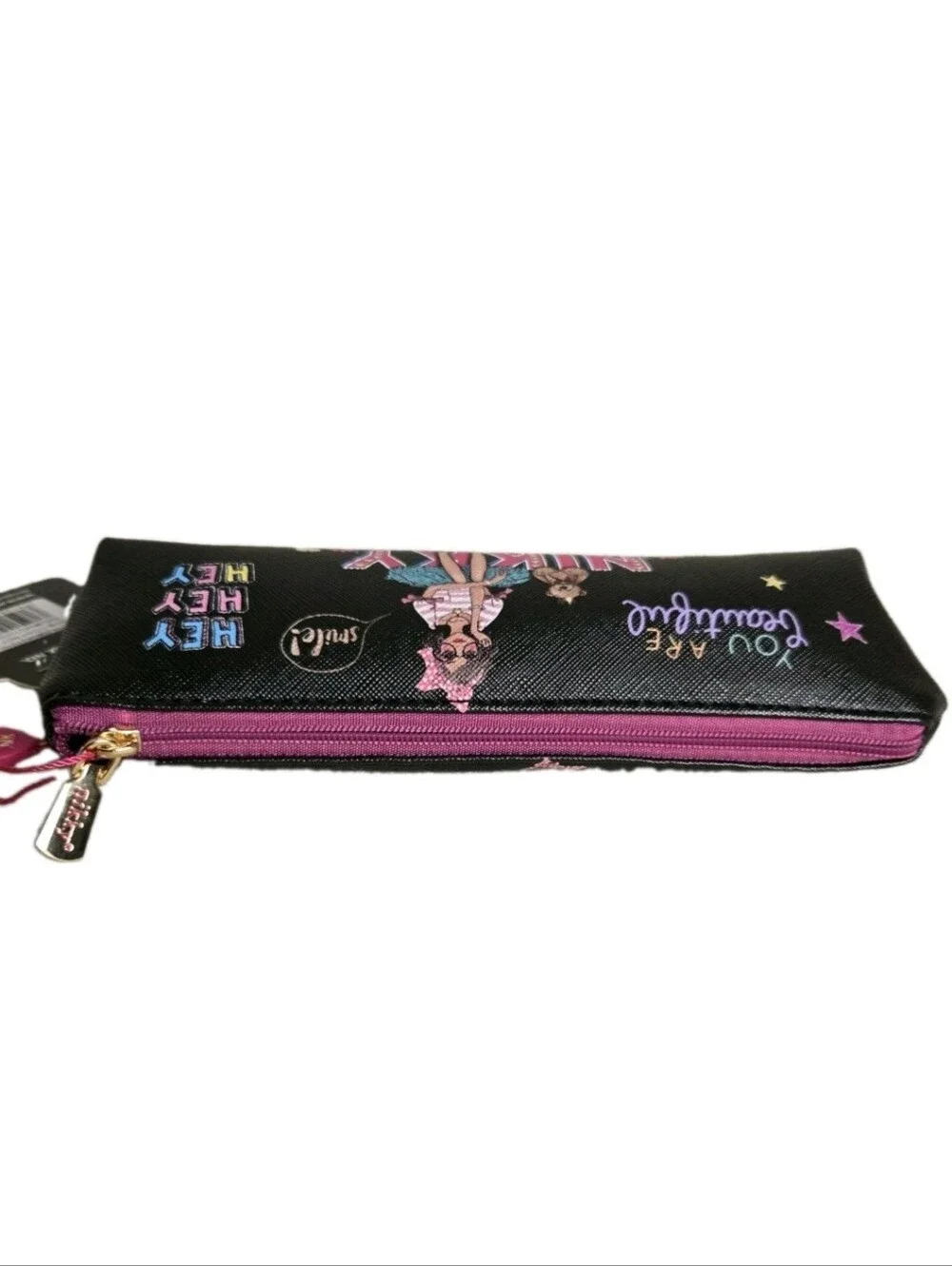 Nikky by Nicole Lee Slim Cosmetic Bag Makeup Travel Zipper Pouch Black Pink NWT